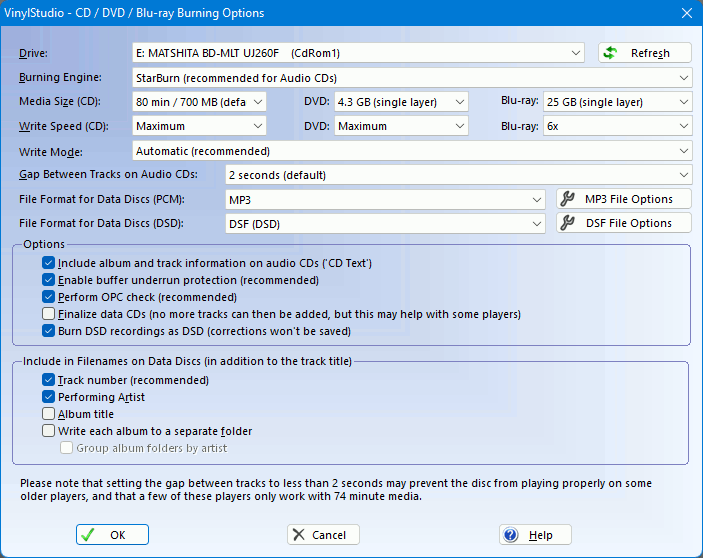 CD / DVD / Blu-ray Burning Options